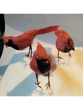 Red Cardinal Bird Figurine Feathered Wire Craft Pick Lot 3